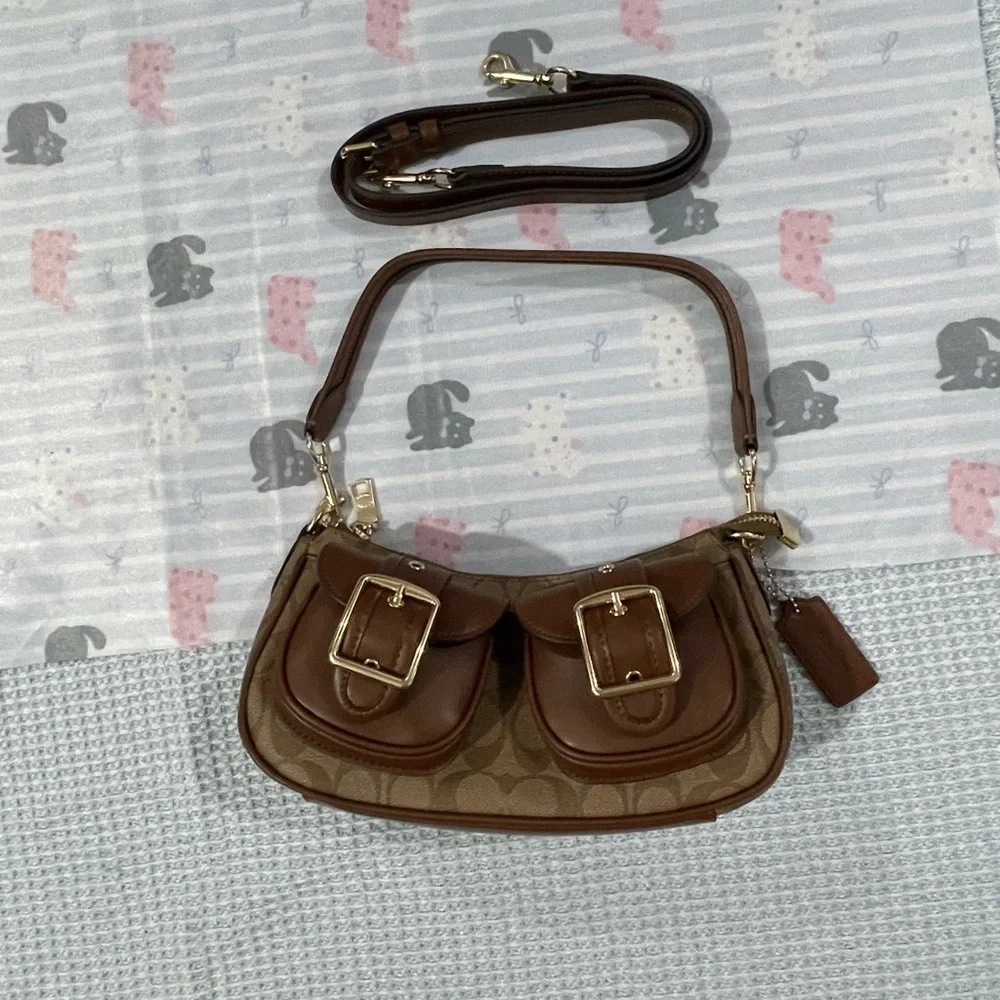Coach Brown Signature Canvas Shoulder Bag with Double Buckle Pockets